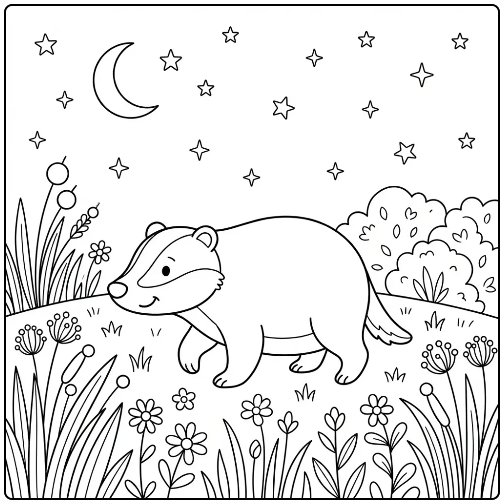 Cheerful badger coloring page under a starry sky