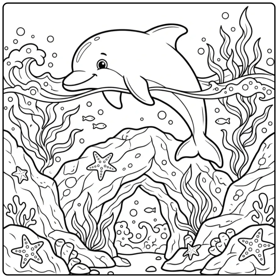 Cute Dolphin Adventure with Starfish coloring page