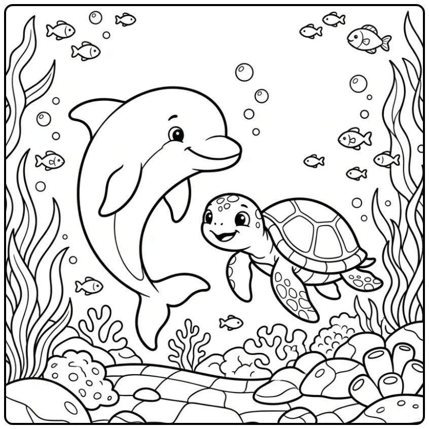 Cute Dolphin and Sea Turtle Underwater coloring page
