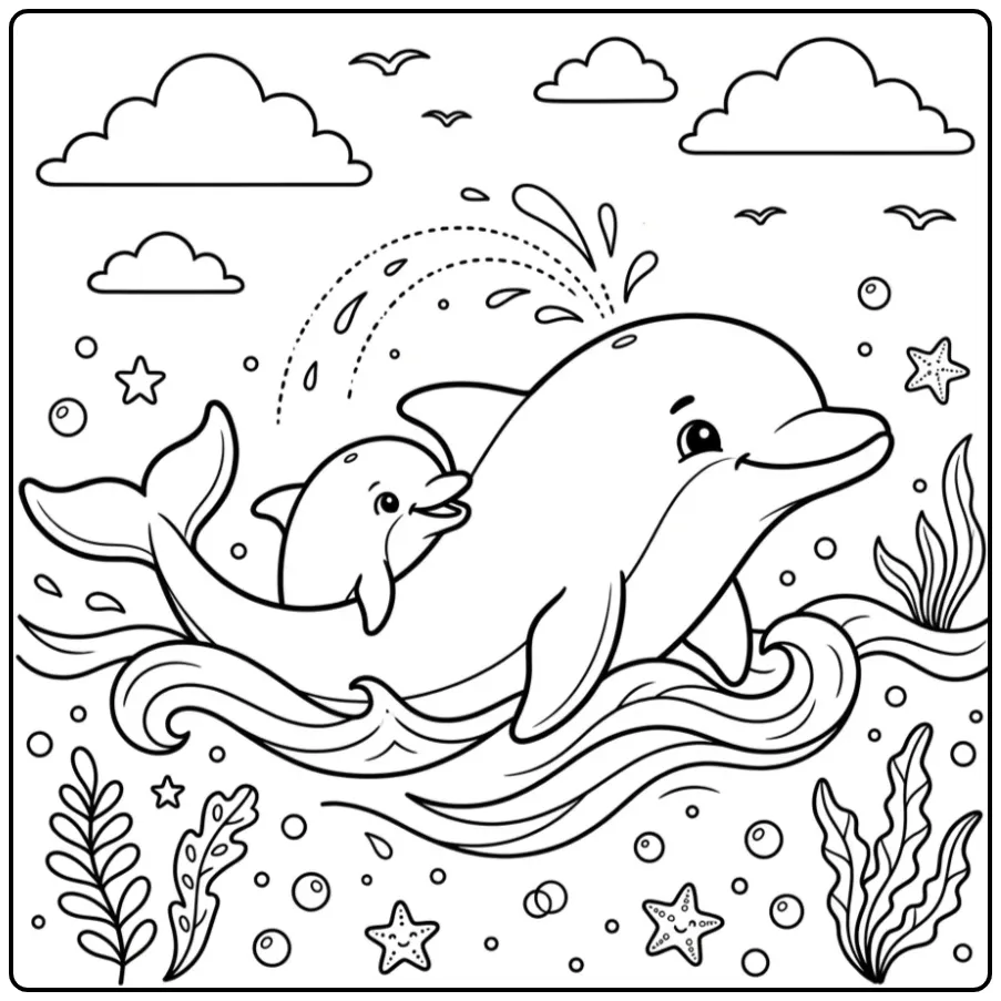 Cute Dolphin with Baby in the Waves coloring page