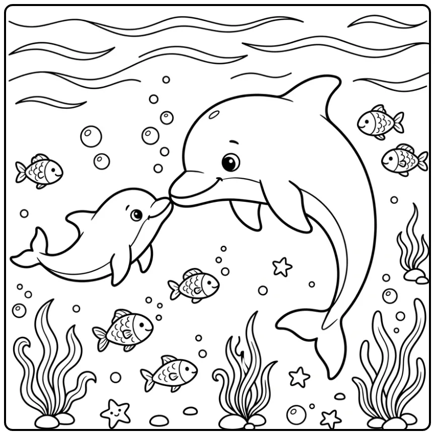 Cute Dolphin with Baby Swimming coloring page