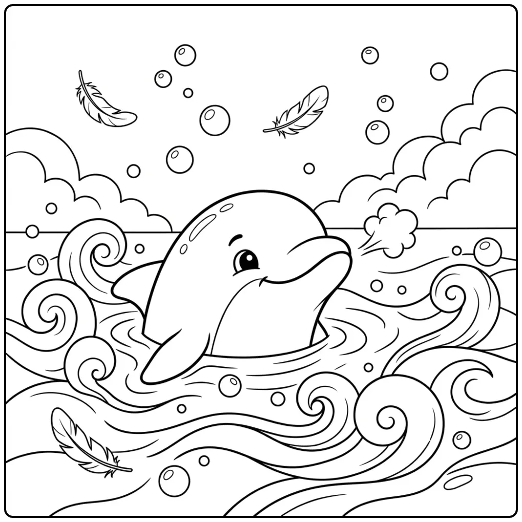 Cute Dolphin with Waves and Bubbles coloring page