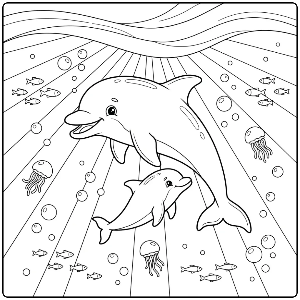 Cute Dolphin with Calf Underwater coloring page