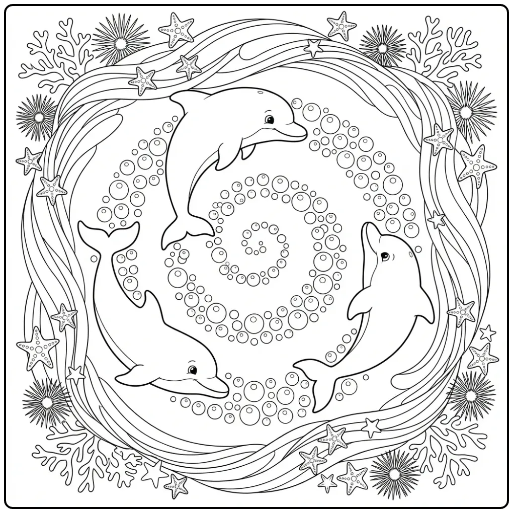 Cute Dolphin Underwater with Starfish coloring page