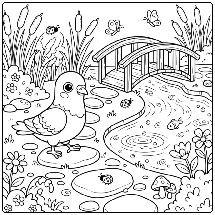 Cute Dove with a Bridge and Waterside coloring page