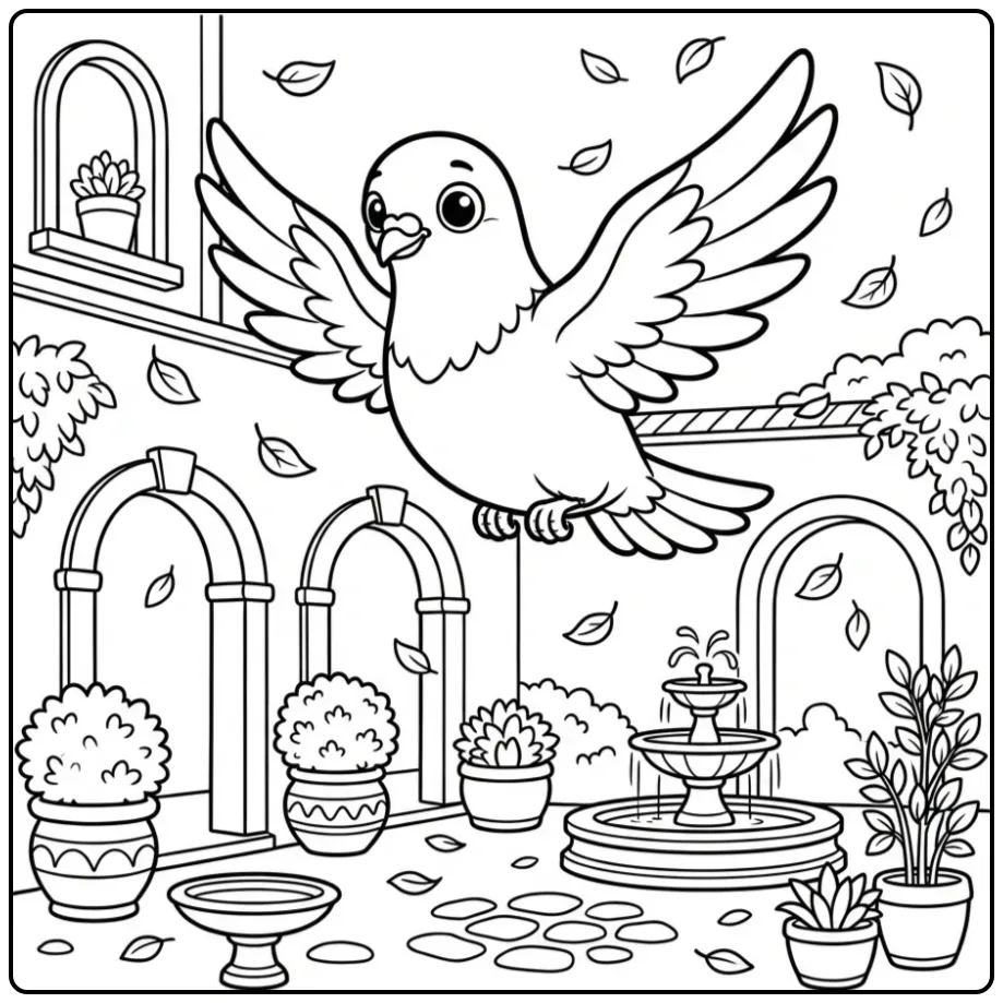 Dove coloring page flying above a fountain and arches