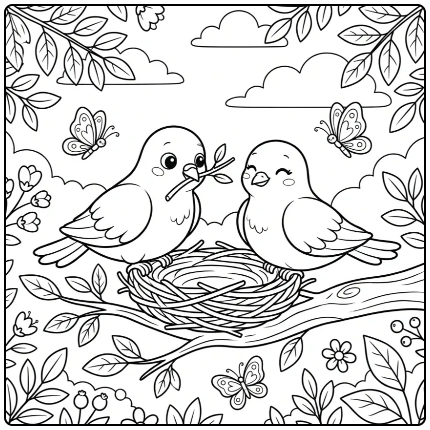 Cute Dove with Nest on a Branch coloring page
