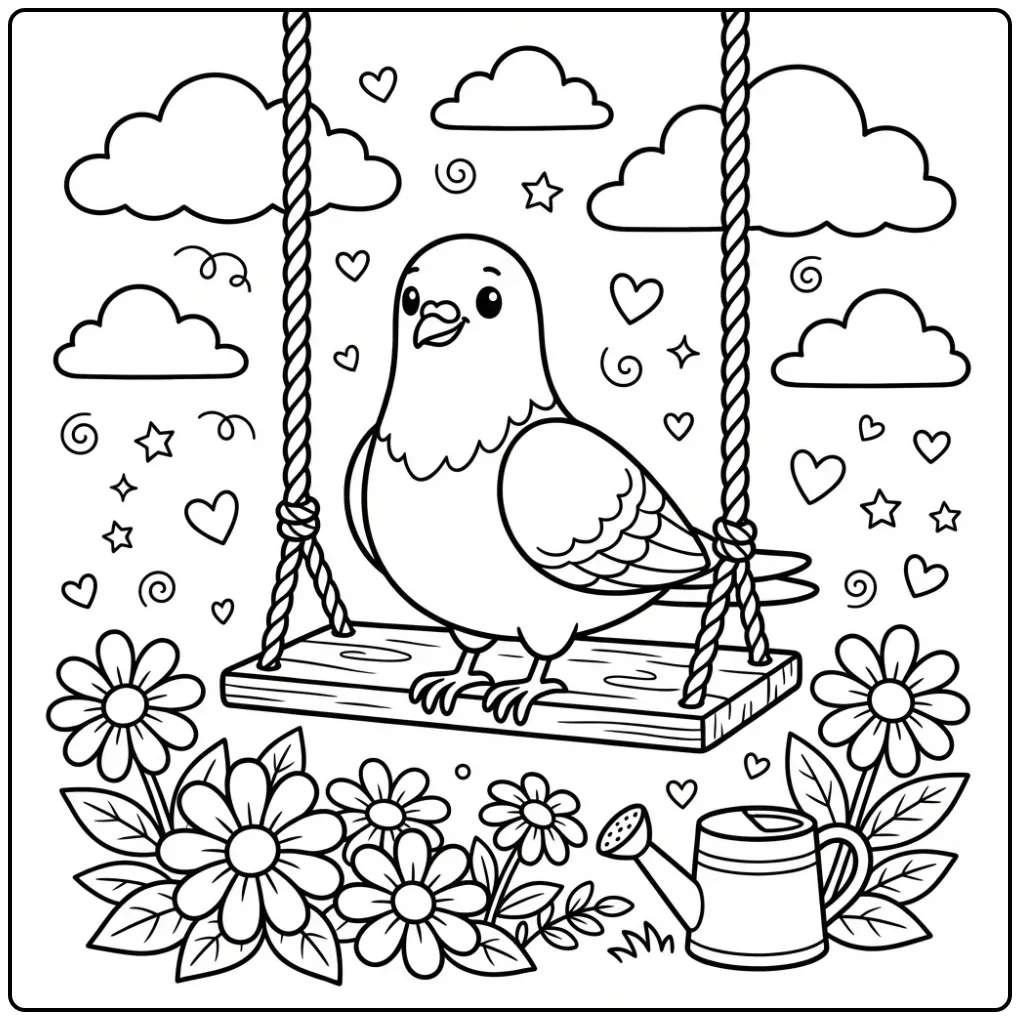 Cute Dove on a Garden Swing coloring page
