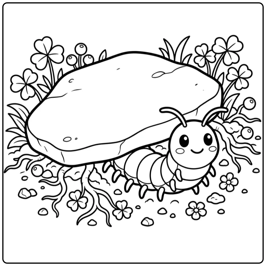 Centipede coloring page under a stone