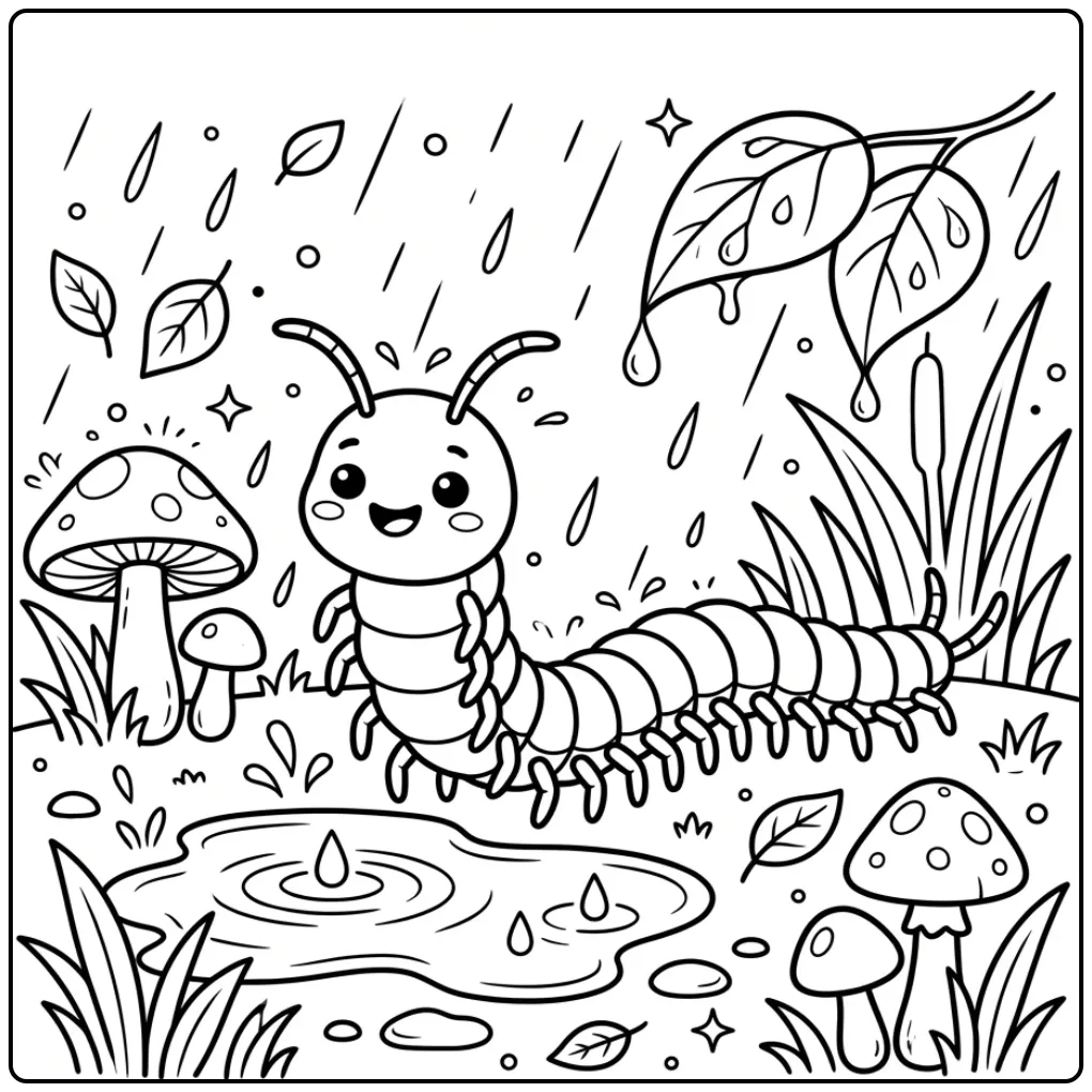 Centipede coloring page in the rain with mushrooms