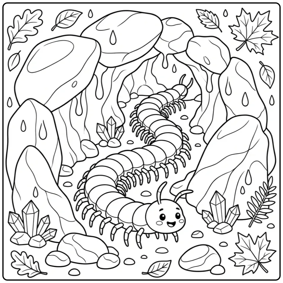 Centipede coloring page in a cave with crystals