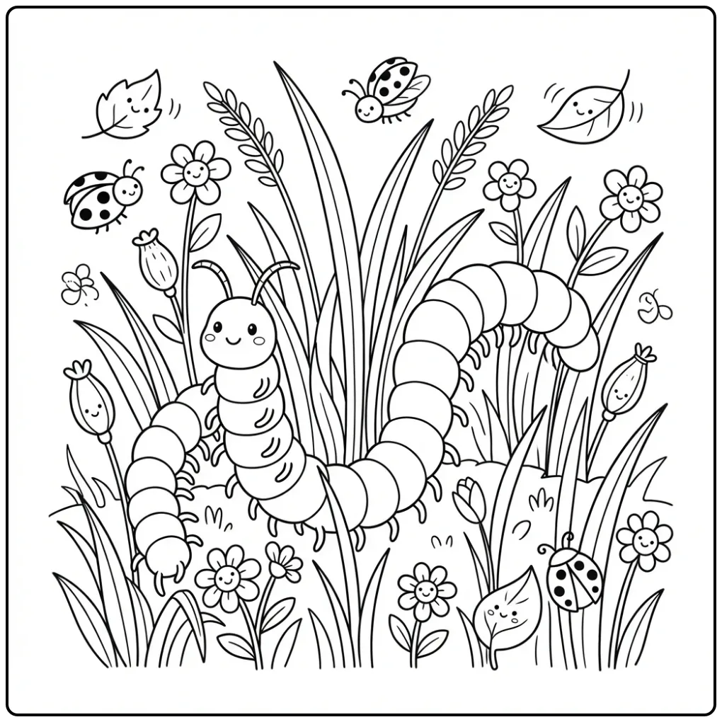 Centipede coloring page with ladybugs
