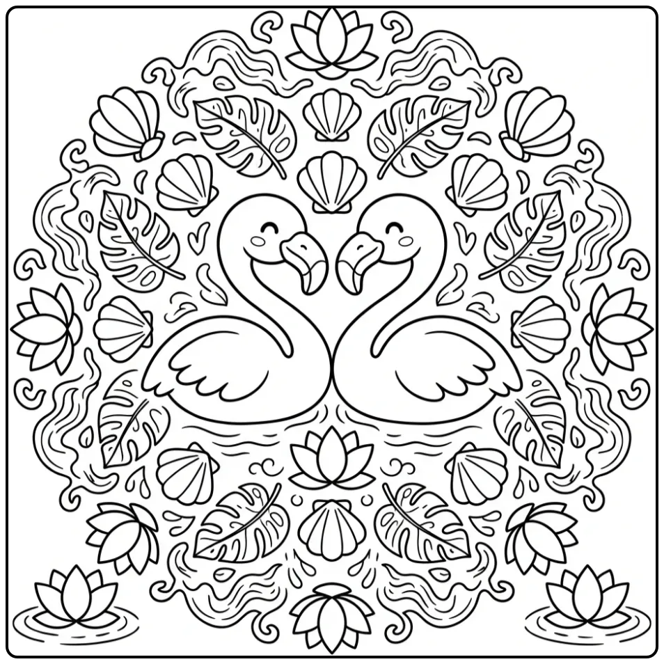 Cute Flamingo Mandala with Leaves coloring page