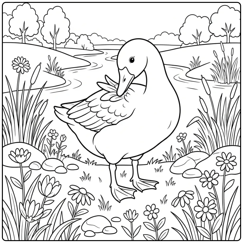 Goose coloring page by a riverbank with flowers