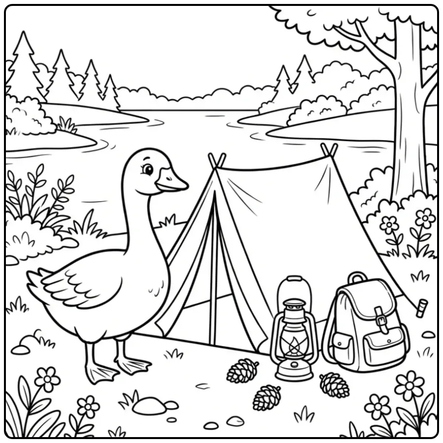 Goose coloring page by a tent at a campsite