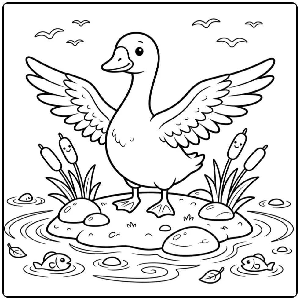 Goose coloring page stretching its wings