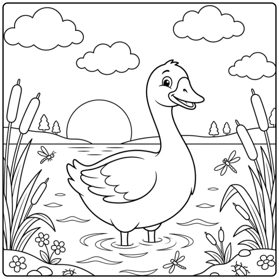 Goose coloring page by the water with reed plumes