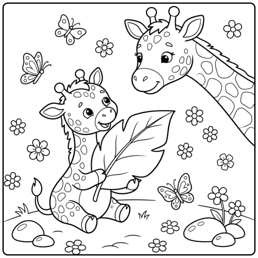 Cute Giraffe Baby and Mother in Nature coloring page