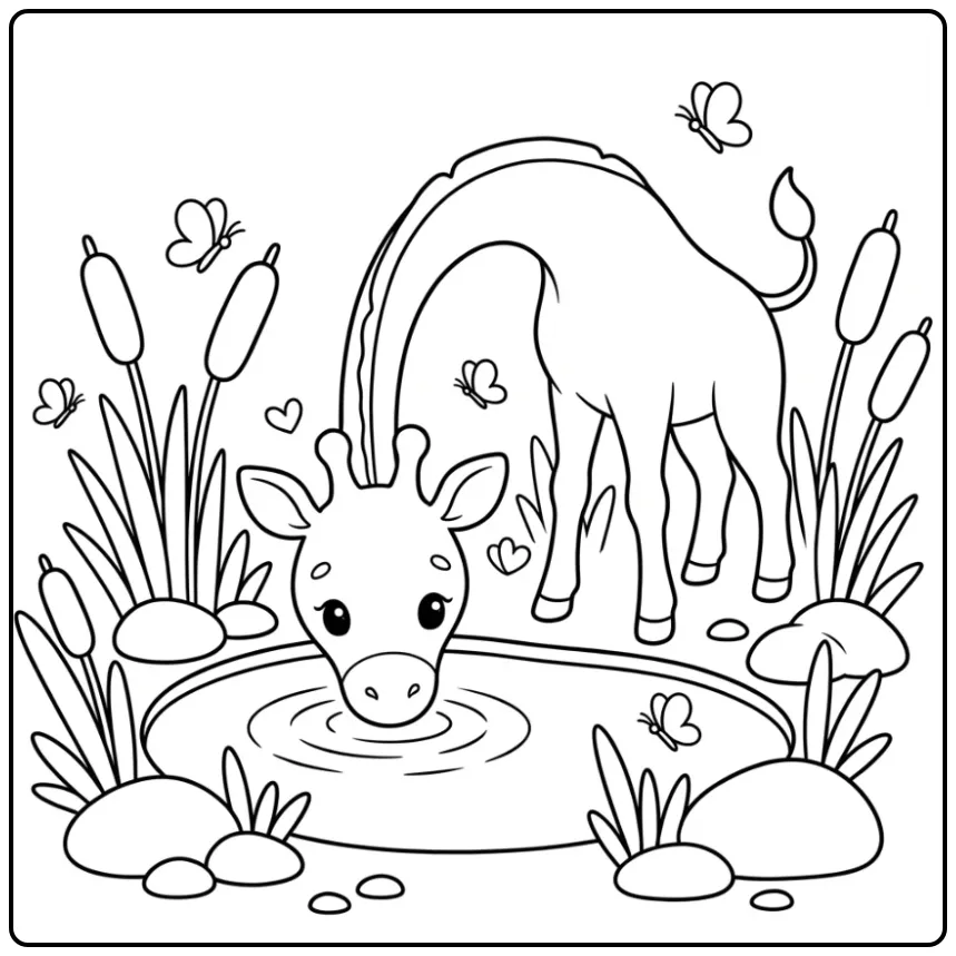 Cute Giraffe Drinking from a Waterhole coloring page