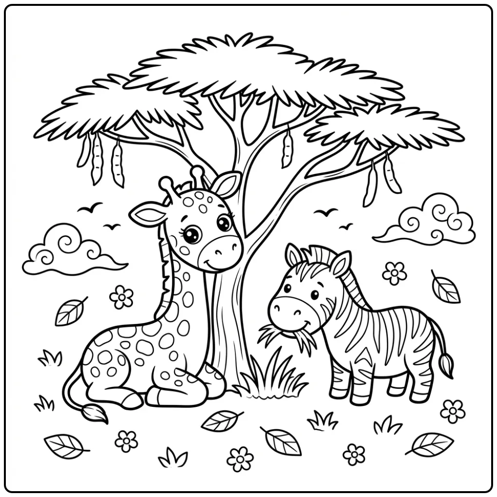 Cute Giraffe and Zebra Under a Tree coloring page