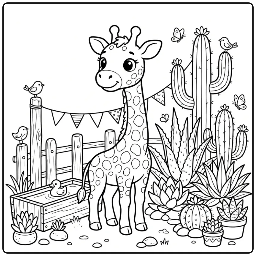 Cute Giraffe in a Park with Flags coloring page