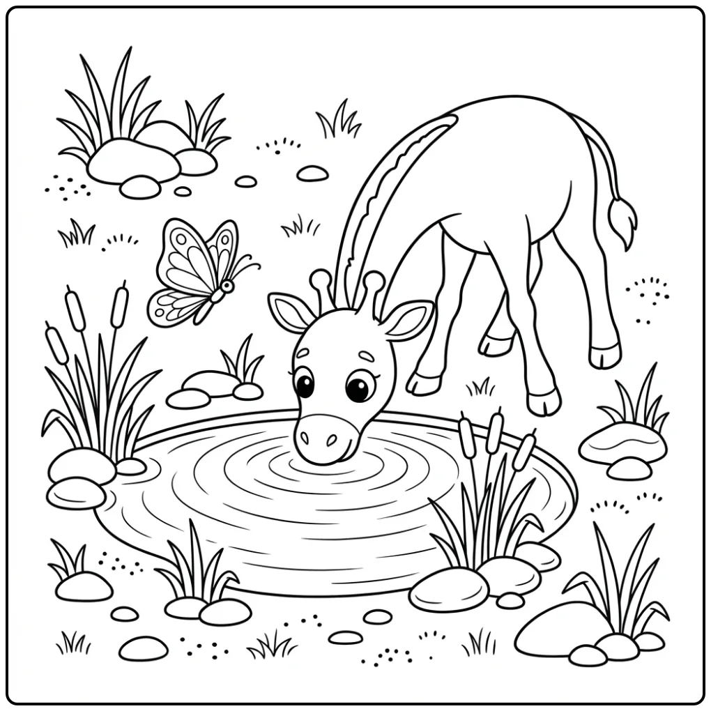 Cute Easy Giraffe Drinking coloring page