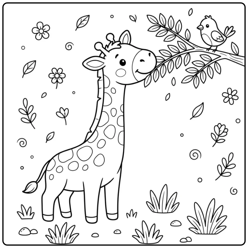 Cute Easy Giraffe with a Bird coloring page