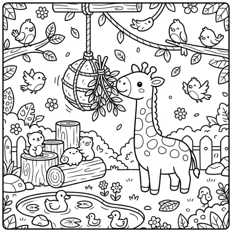 Cute Giraffe with Birds and Pond coloring page