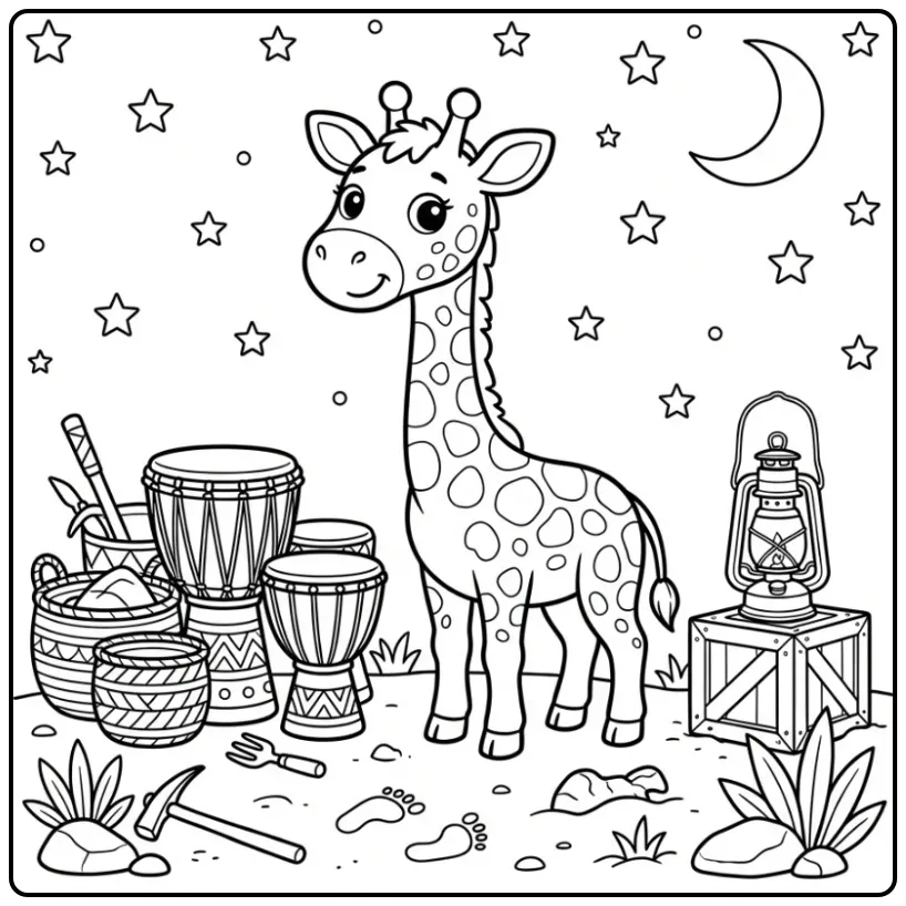 Cute Giraffe on a Safari Camp coloring page