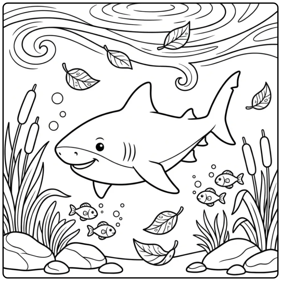 Cute Shark in a River with Fish and Rocks coloring page