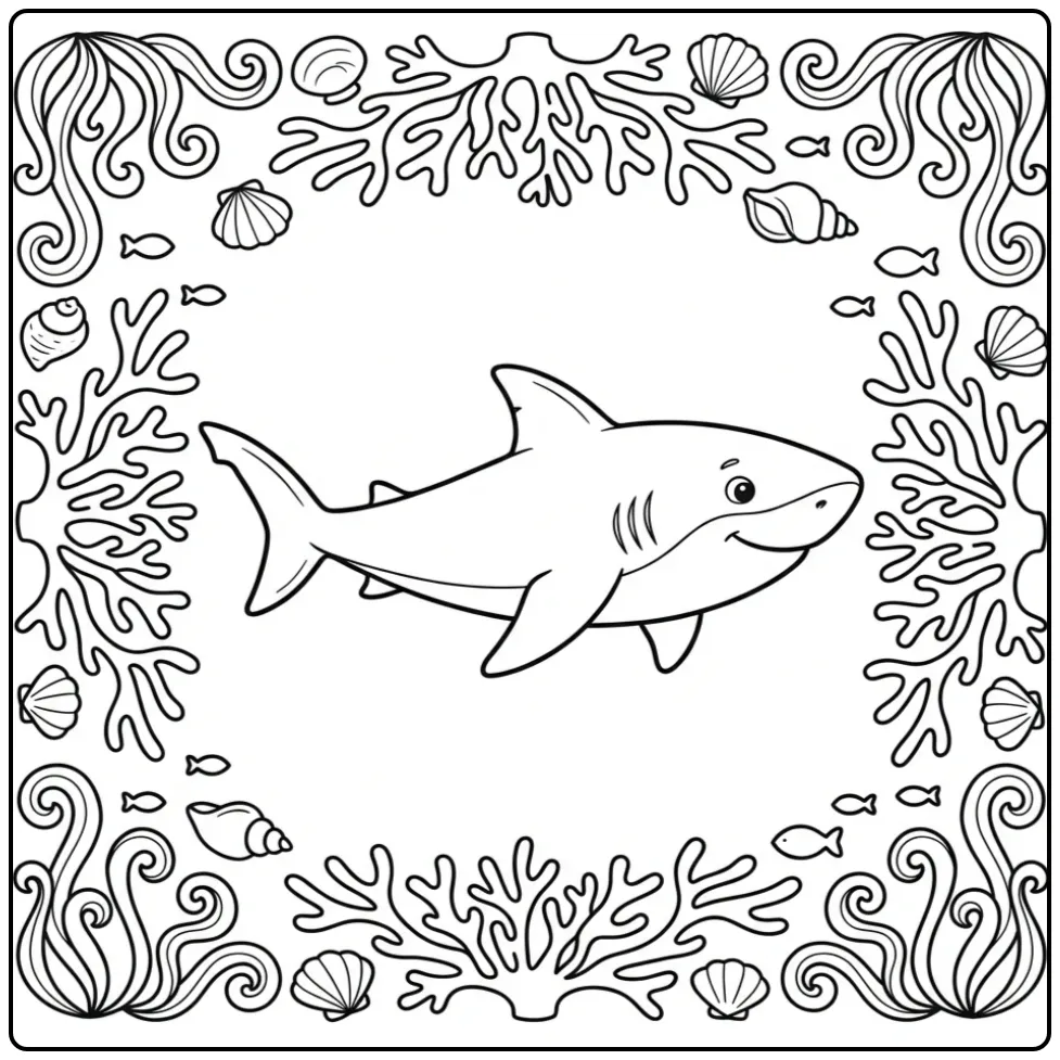 Cute Shark Among Coral and Bubbles coloring page