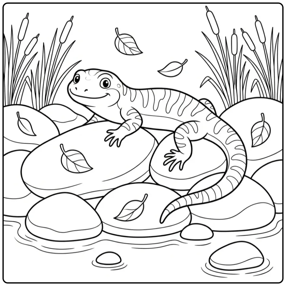 Lizard coloring page between stones and reeds