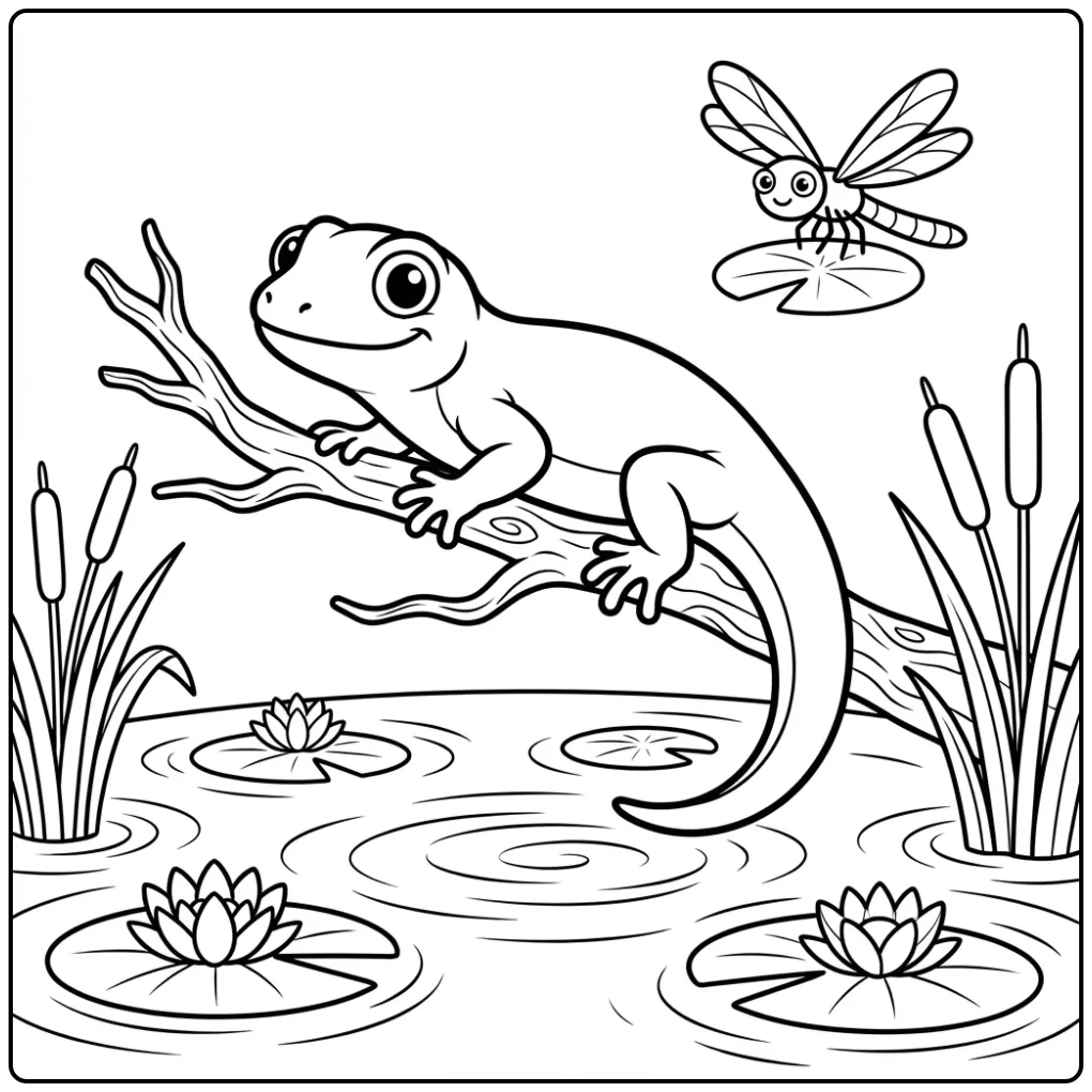 Lizard coloring page on a branch above a pond