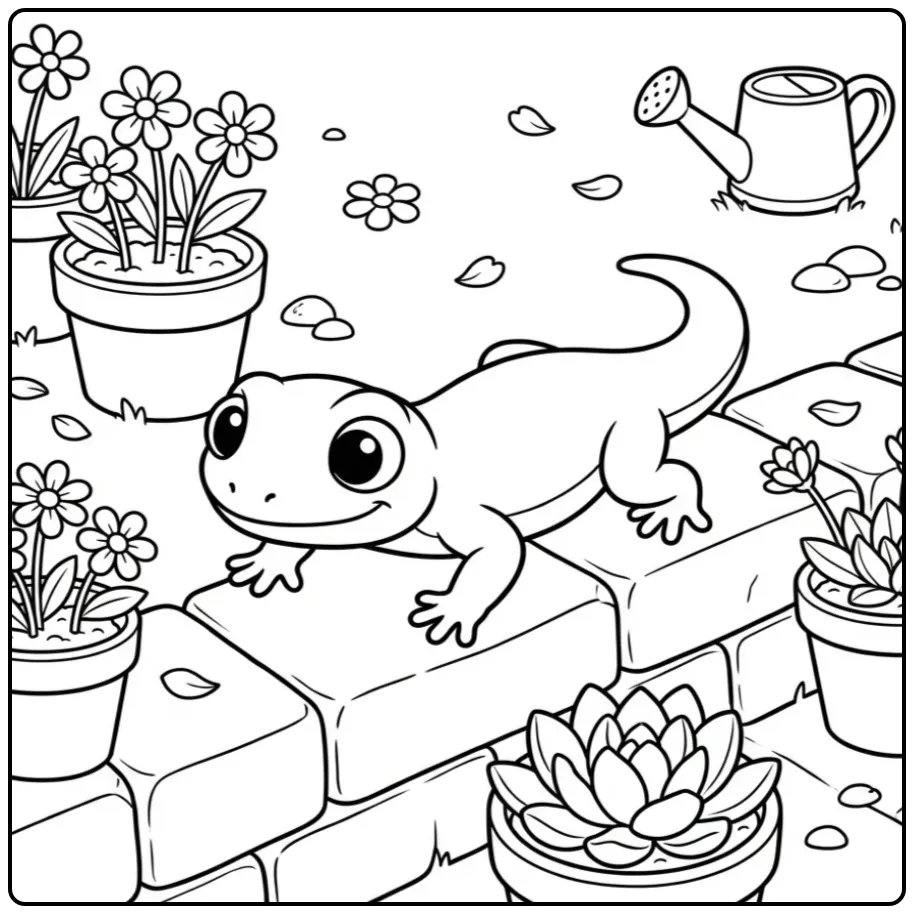 Lizard coloring page on a stone garden wall with plants