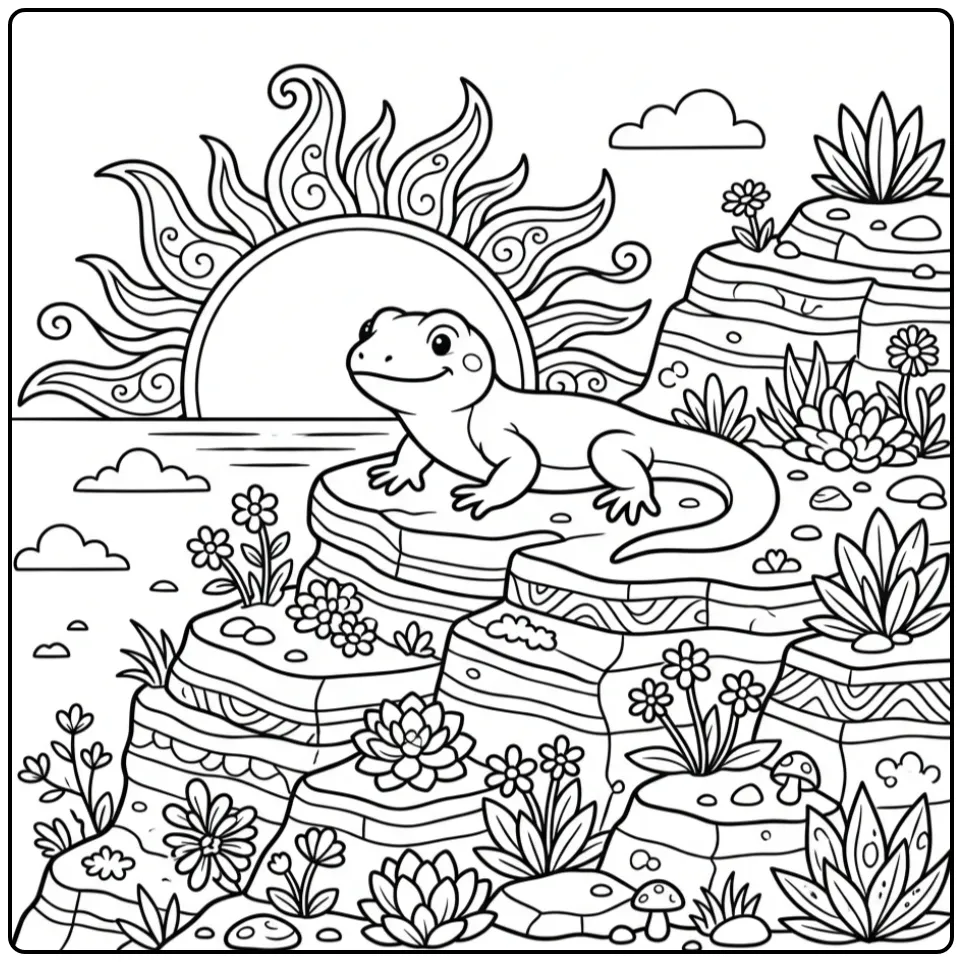Lizard coloring page on a rock at sunset