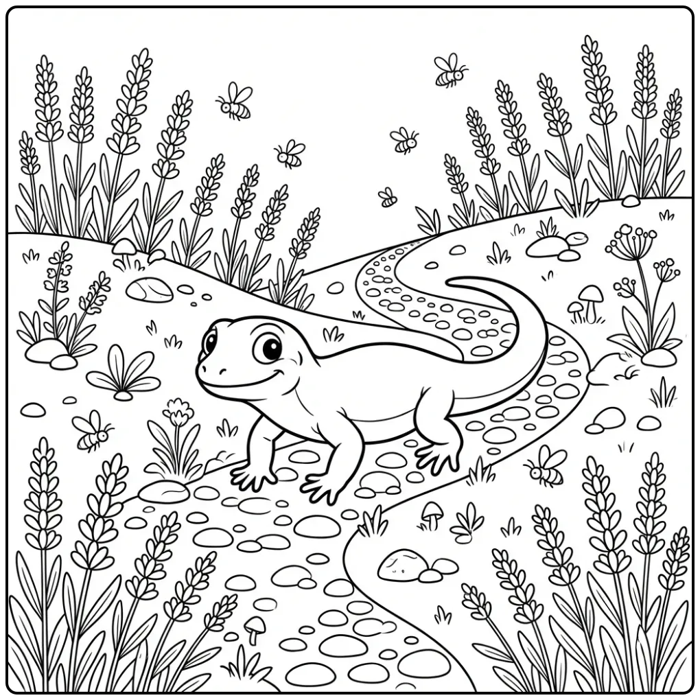 Lizard coloring page on a hill with flowers and insects