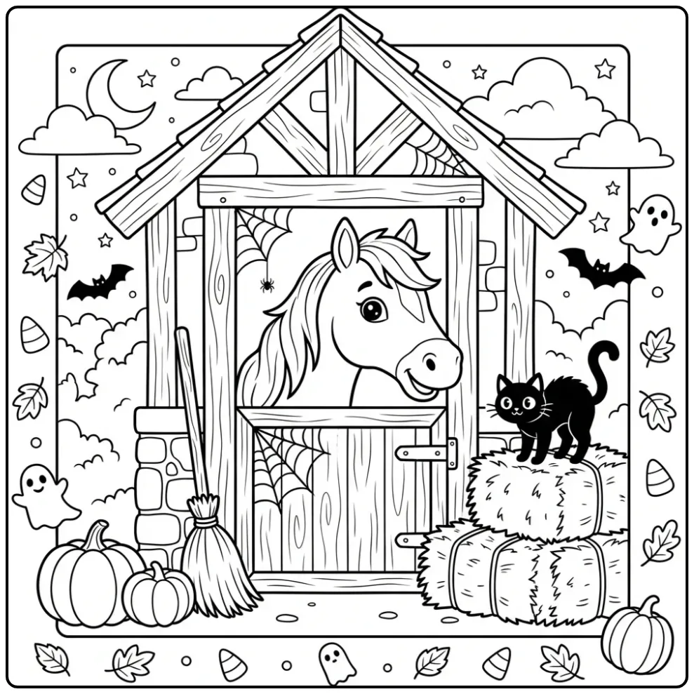 Cute Halloween Horse with a Black Cat coloring page
