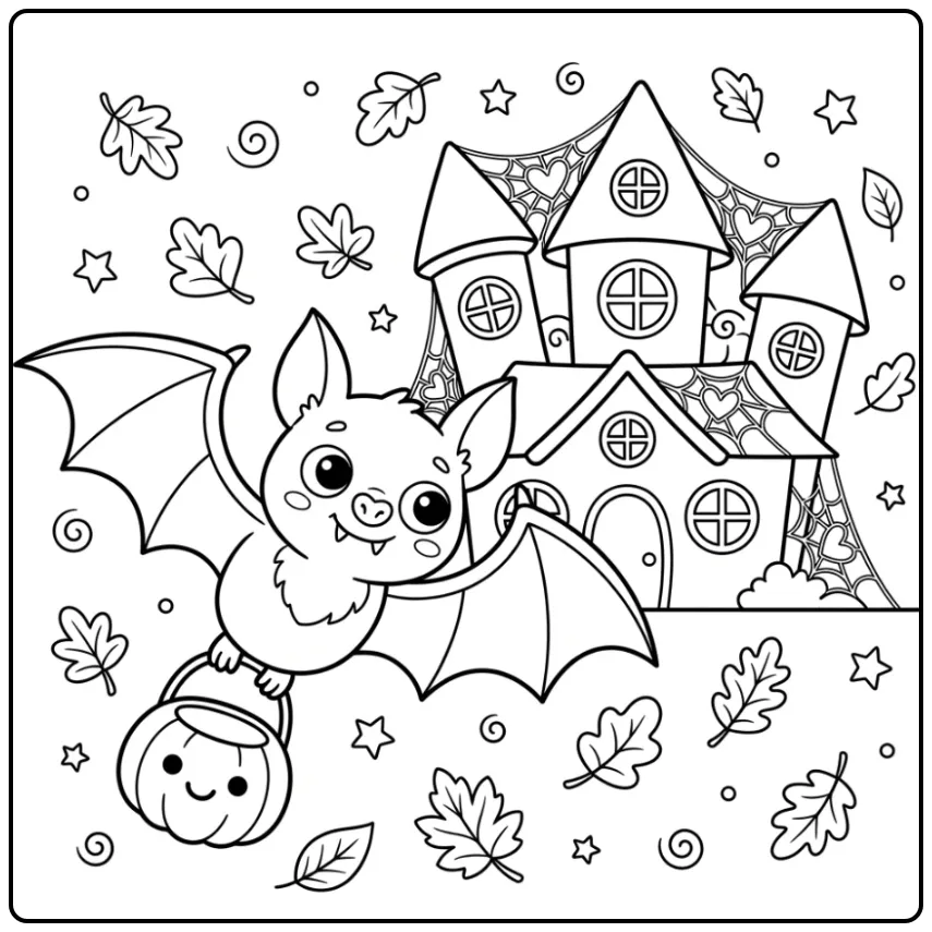 Cute Halloween Bat with Haunted House coloring page