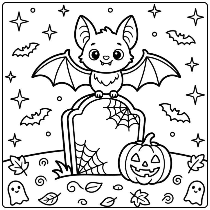 Cute Halloween Bat and Pumpkin coloring page