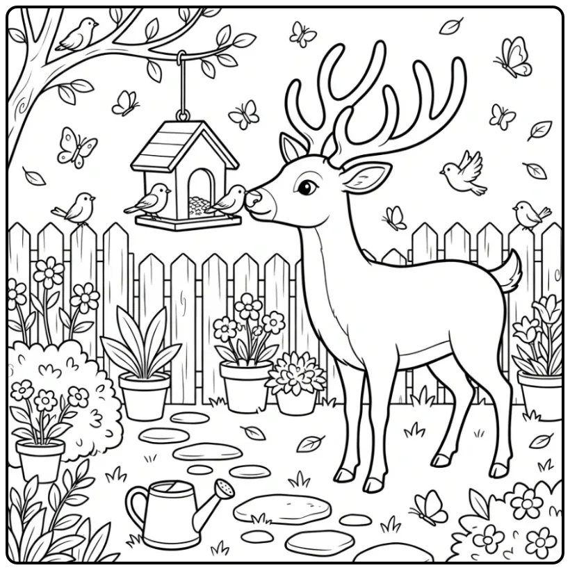 Cute Deer with a Birdhouse in the Garden coloring page