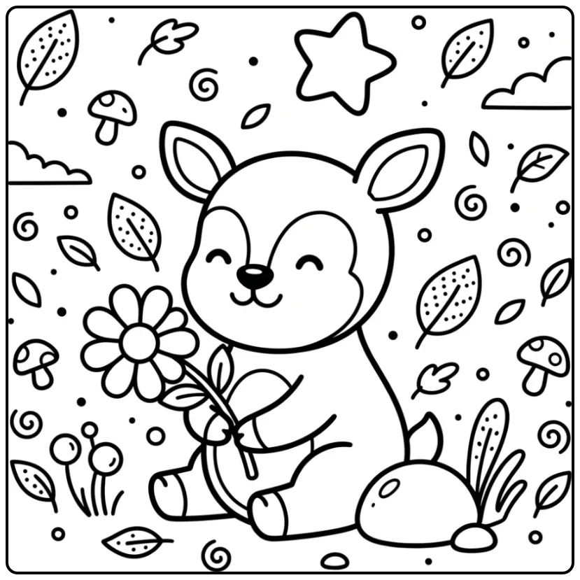 Cute Easy Deer with a Flower and Rock coloring page
