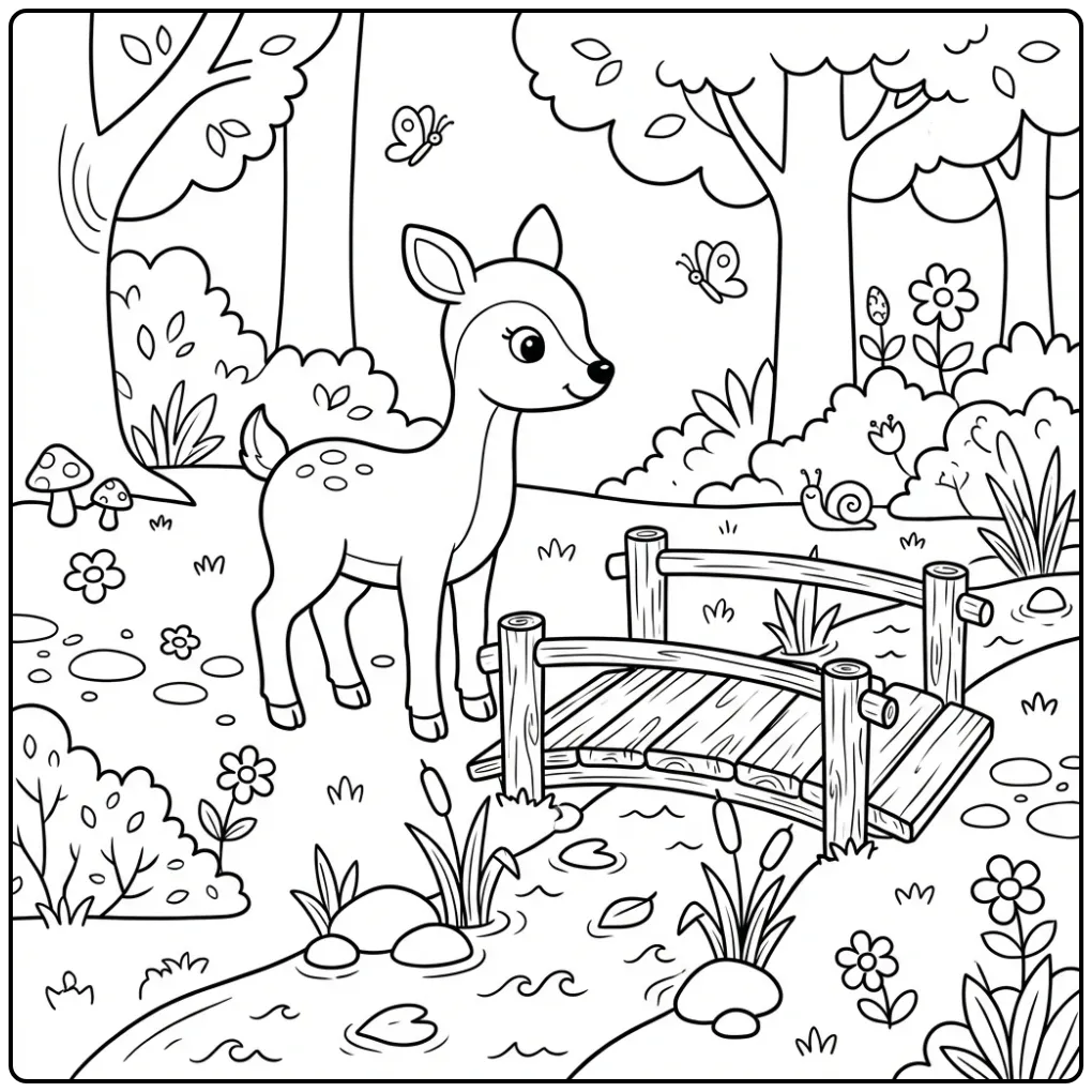 Cute Deer by a Bridge and Rippling Water coloring page