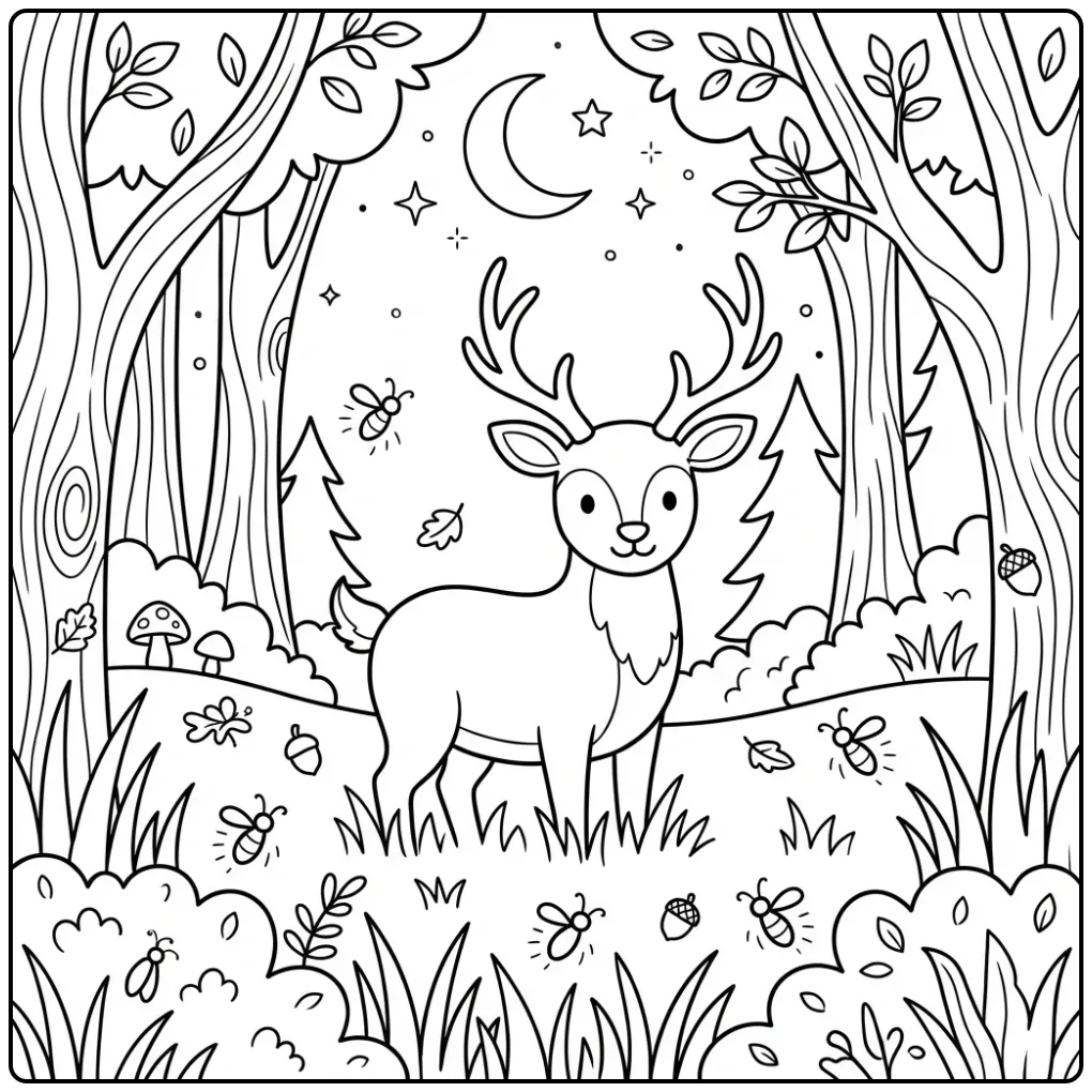 Cute Deer Under the Starry Sky coloring page