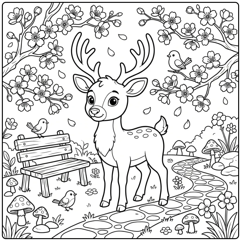 Cute Deer Among Cherry Blossoms coloring page