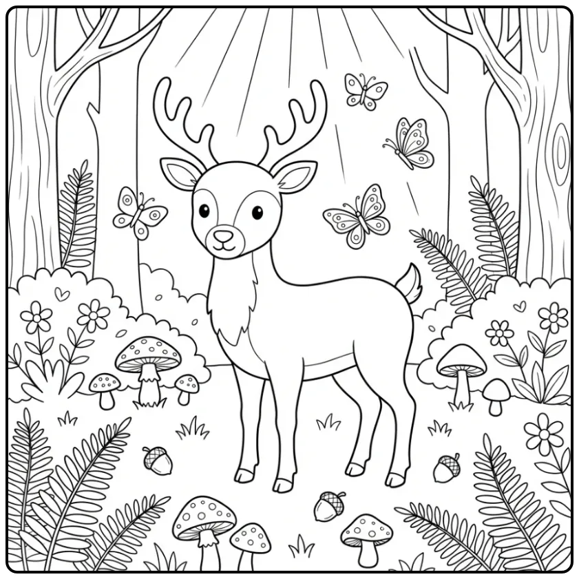 Cute Deer Among Ferns and Mushrooms coloring page