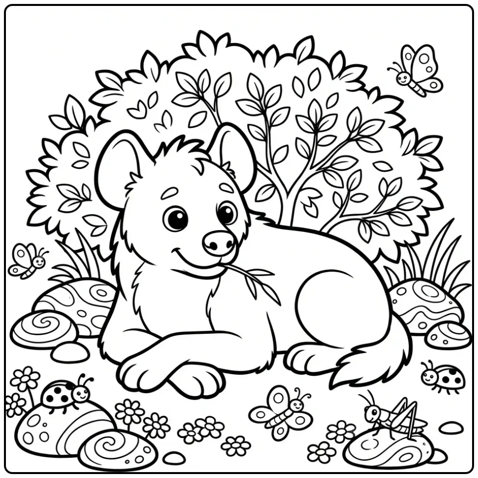 Hyena coloring page featuring a hyena resting in shade
