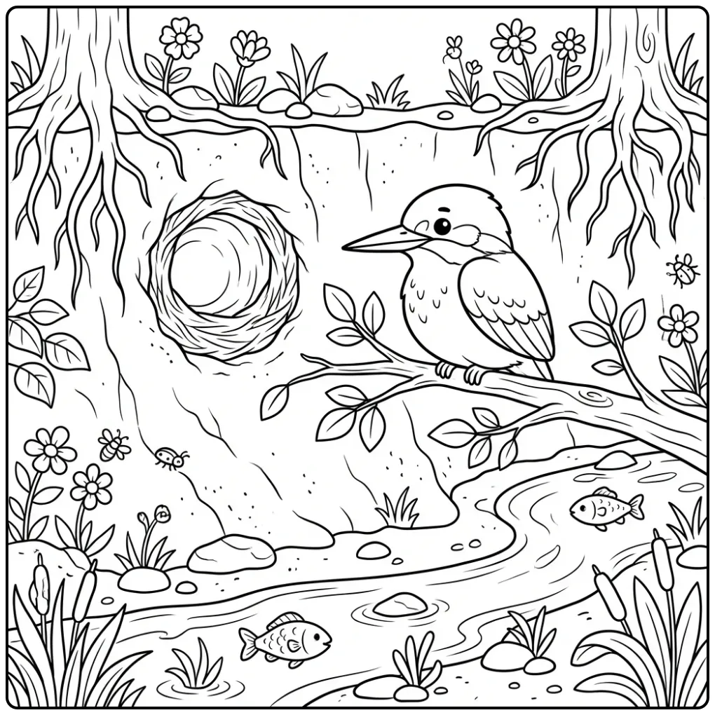 Cute Kingfisher with the Nest coloring page