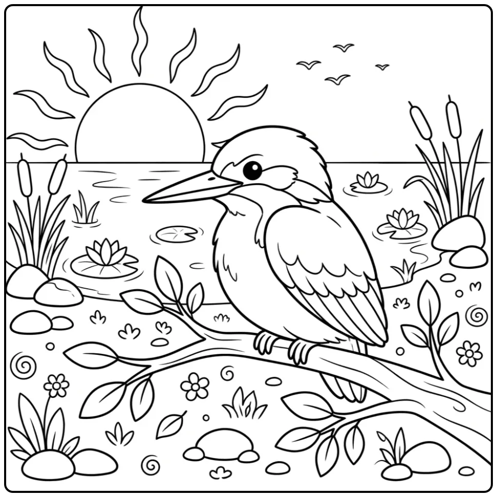 Cute Kingfisher with Sunrise coloring page