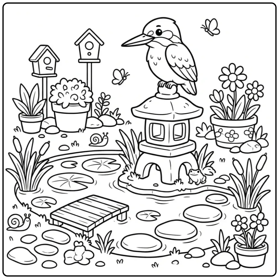 Cute Kingfisher in the Garden coloring page