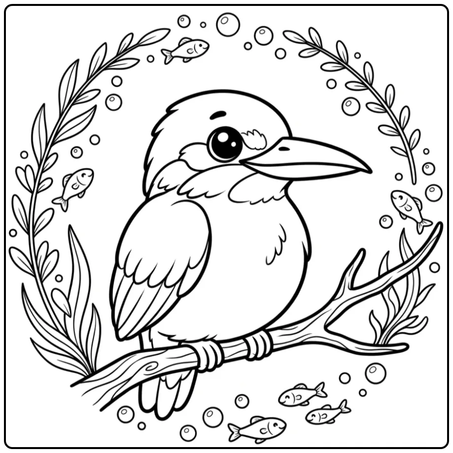 Cute Kingfisher with Fish and Plants coloring page